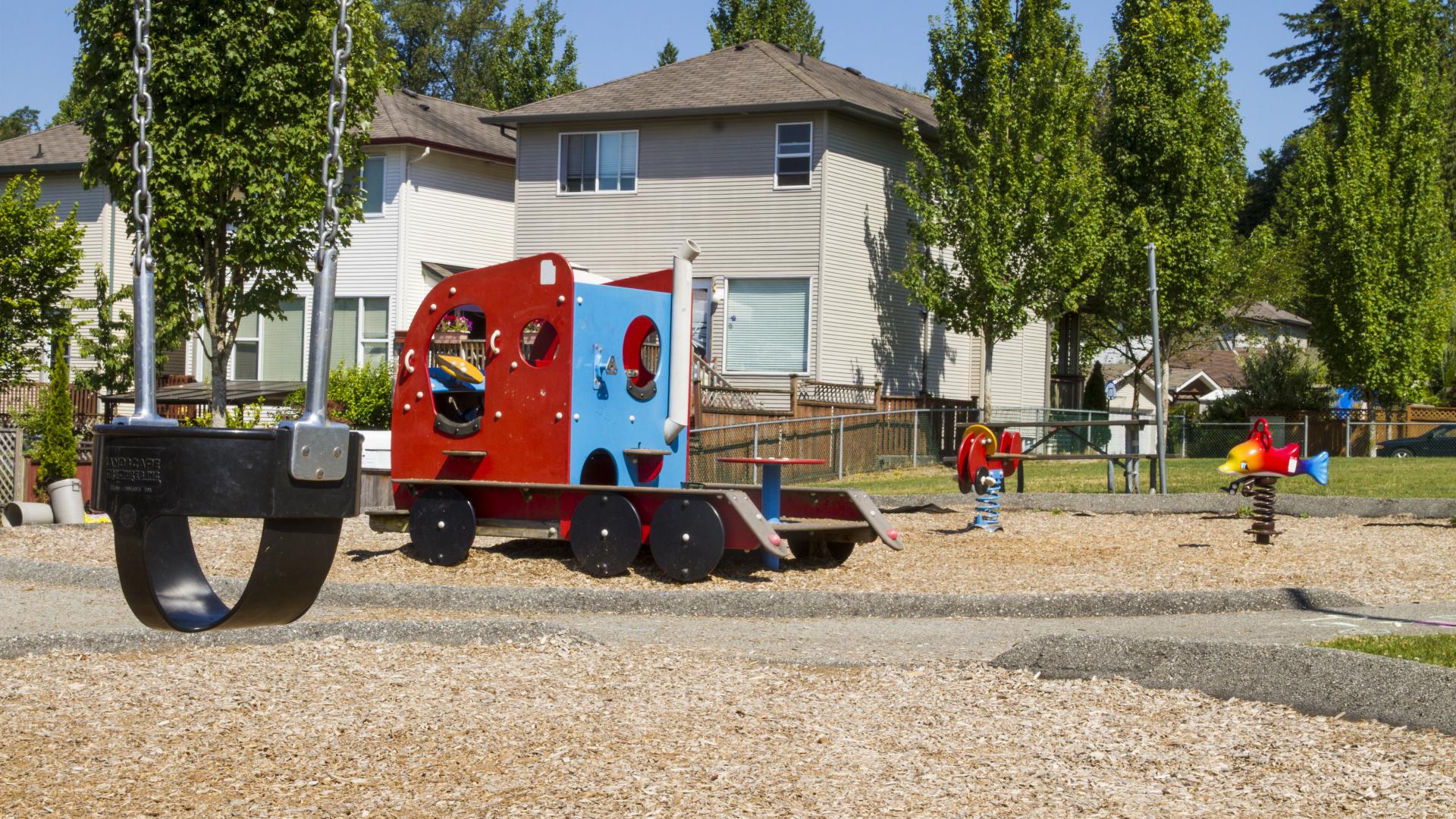 An infant swing next to the vehicle-like playground equipment and aquatic spring riders.